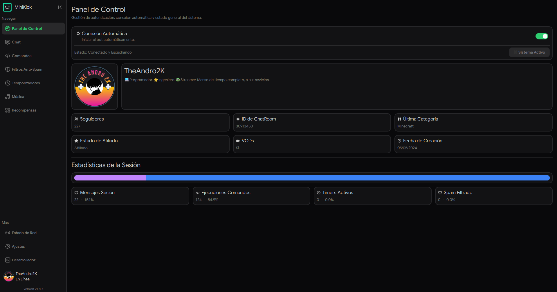 MiniKick Dashboard - Panel General de Control